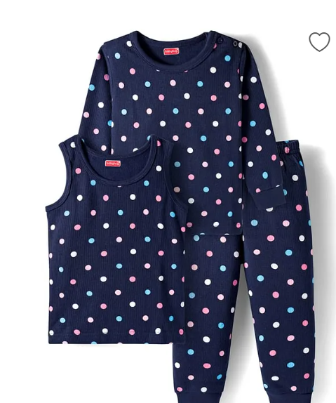 Babyhug Knit Full Sleeves Thermal Inner Wear Vests & Pant Set with Polka Dots Print - Navy Blue